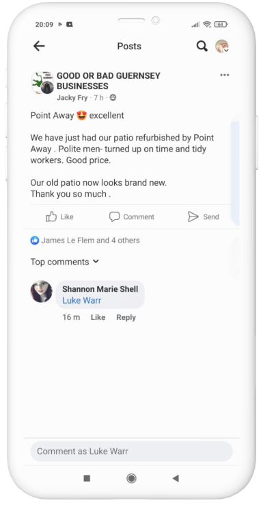 Point Away Facebook Testimonial on Phone